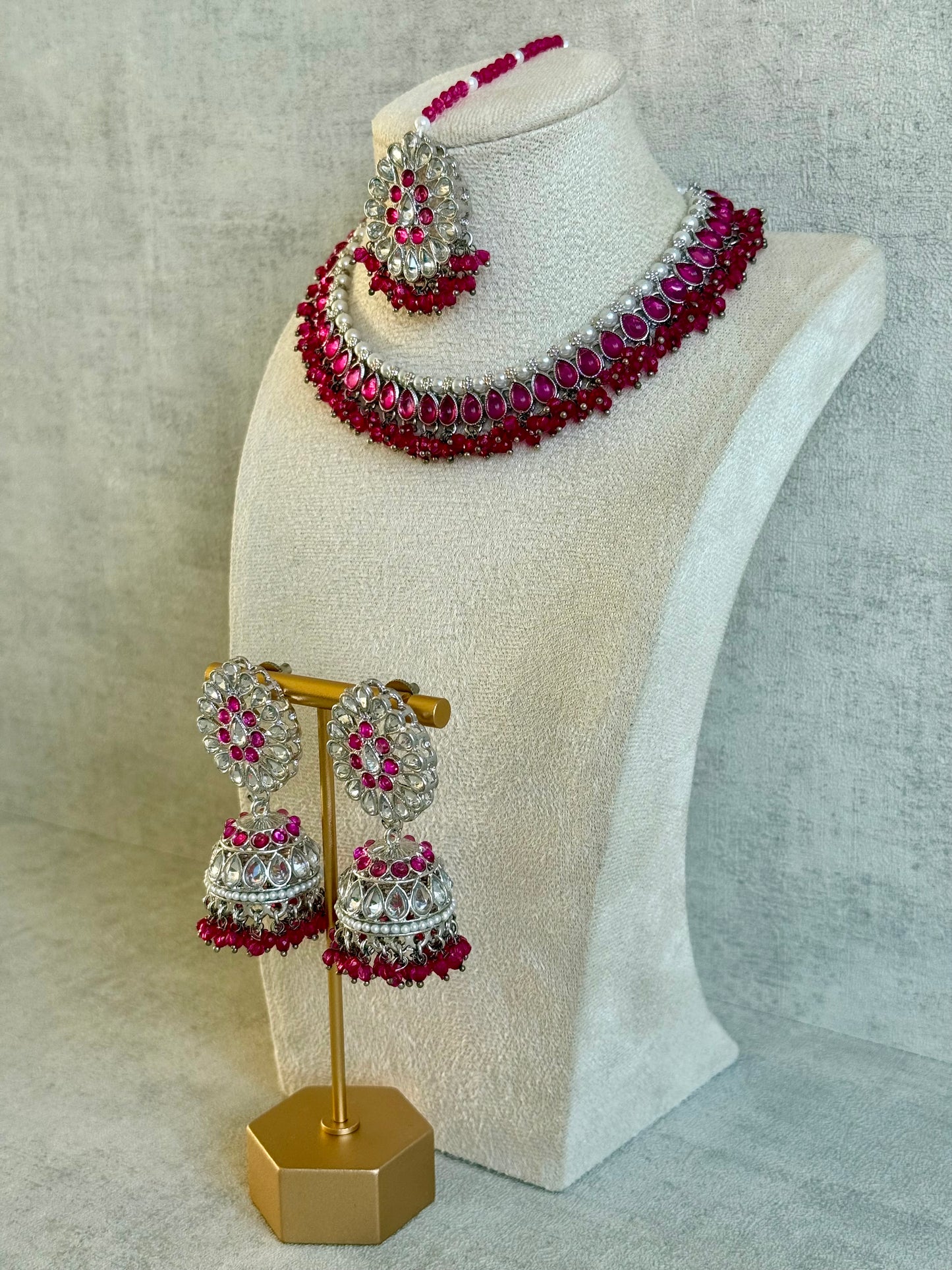 Ayura Designs Saima Set – Necklace, Jhumkis & Tikka in Fuchsia Pink with Silver Finish