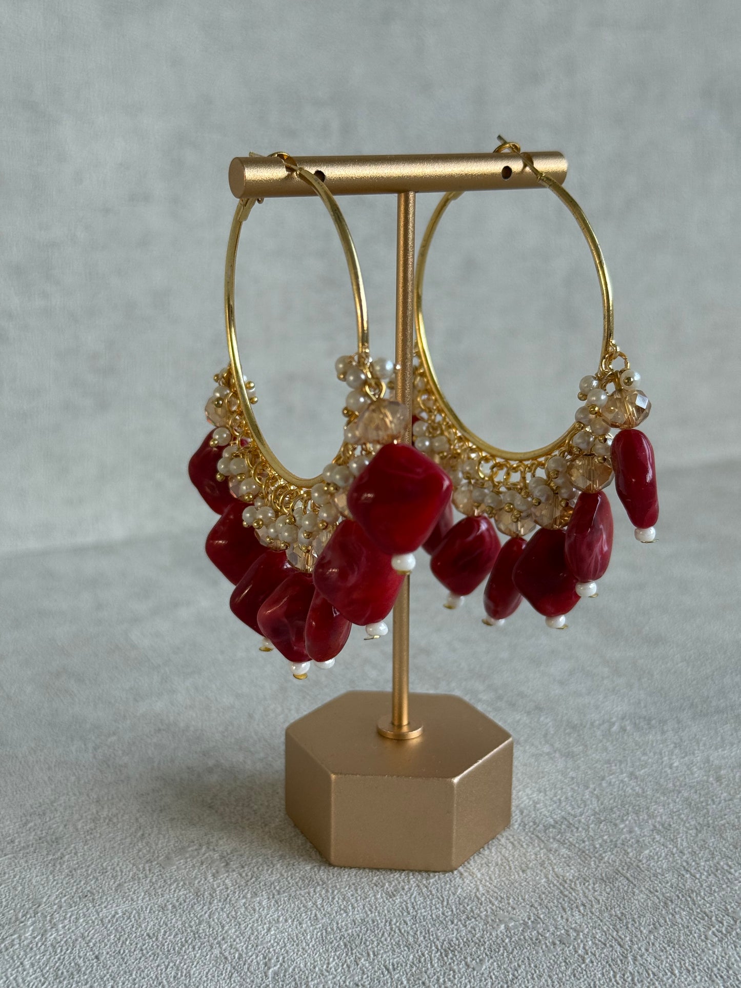 Ayura Designs Heer Balis – Gold Hoops with Ruby Marble Beads, Pearls & Crystal Detailing