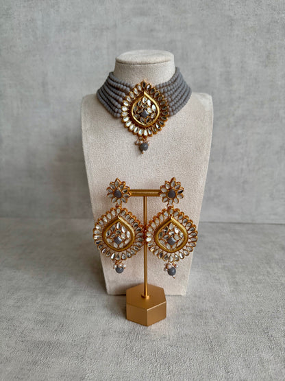 Ayura Designs Baani Kundan Choker with Earrings – Slate Grey Stones & Pearl Detailing