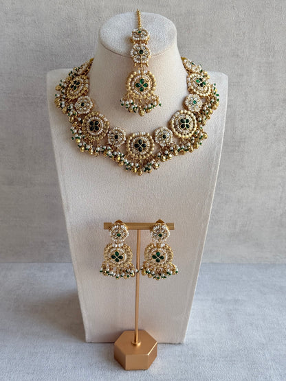 Ayura Designs Manika Necklace Set with Earrings & Tikka – Gold Finish with Emerald Green Stones, Pearls & Ghungroos