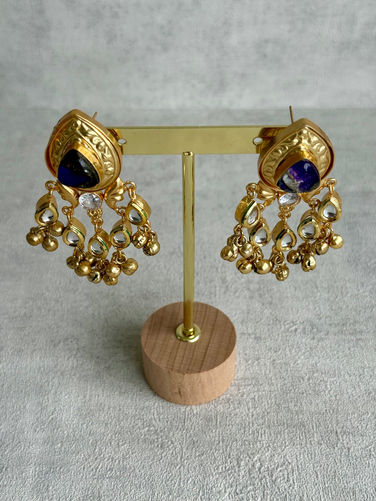 Ayura Designs Arheer Earrings – Violet Marble with Kundan Detailing & Antique Gold Ghungroos