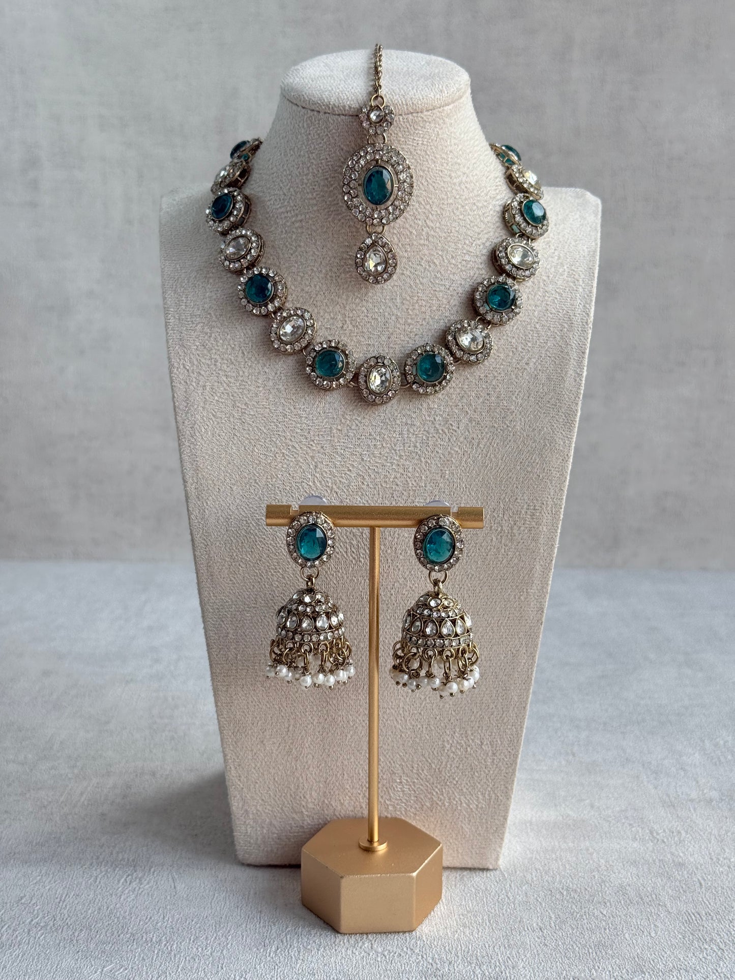 Ayura Designs Eira Necklace Set with Earrings & Tikka – Teal & Crystal Stones with Antique Gold Finish