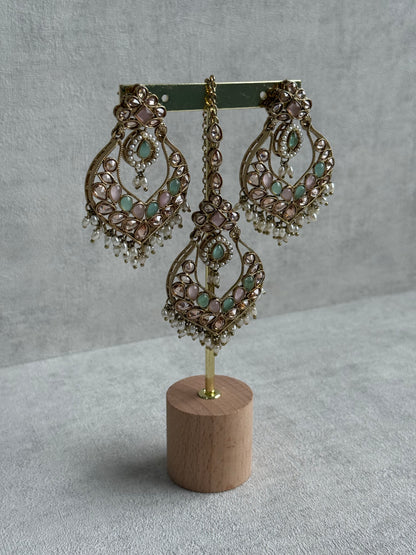 Ayura Designs Damini Tikka Set – Mirror-Cut Kundan Earrings & Tikka with Mint & Blush Enamel and Pearl Detailing