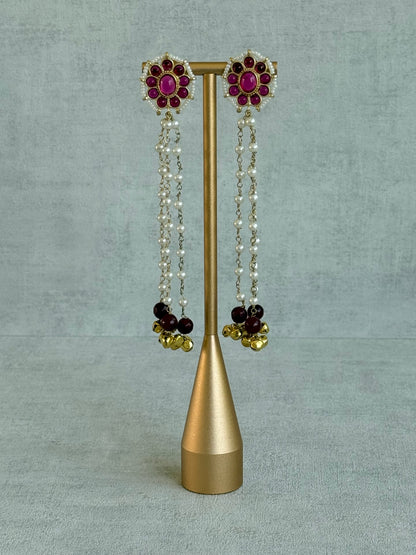 Ayura Designs Noorzar Earrings – Duster Earrings with Ruby Pink Stones, Maroon Beads, Pearl Chains & Ghungroo Detailing
