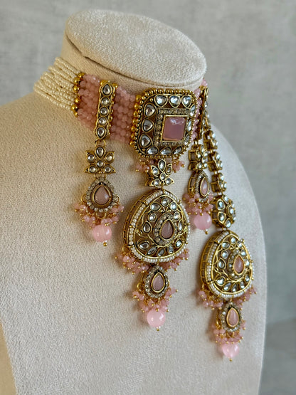 Ayura Designs Zarmeen Choker Set with Earrings & Tikka – Mirror-Cut Stones, Antique Gold Finish and Blush Pink Beads