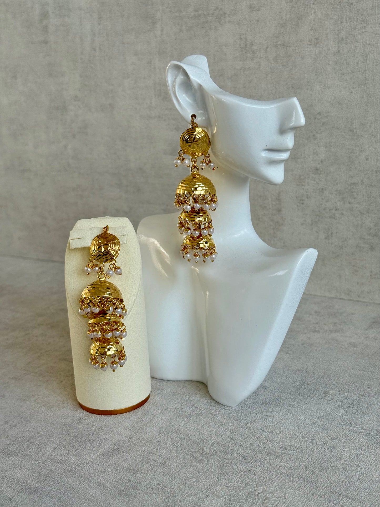 Ayura Designs Noorak Jhumkis – Hammered Gold Layered Jhumkis with Pearl Drop Detailing