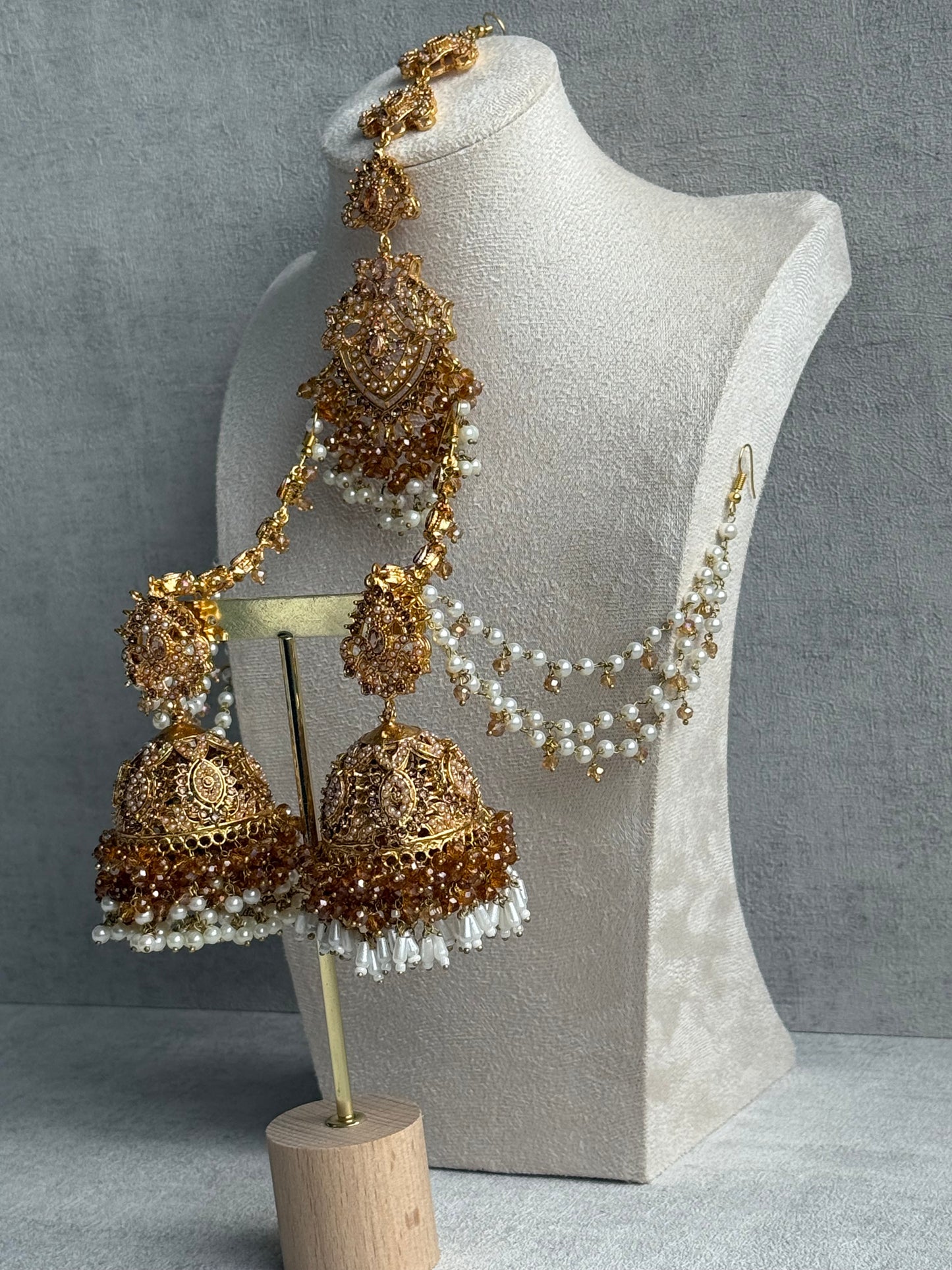 Ayura Designs Safia Tikka Set with Sahare Earrings – Champagne Gold Beads & Pearls