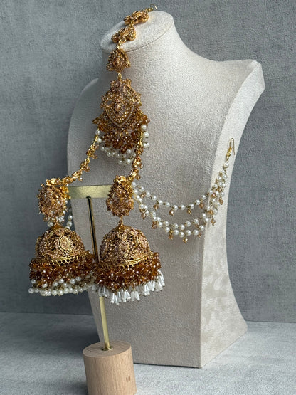 Ayura Designs Safia Tikka Set with Sahare Earrings – Champagne Gold Beads & Pearls