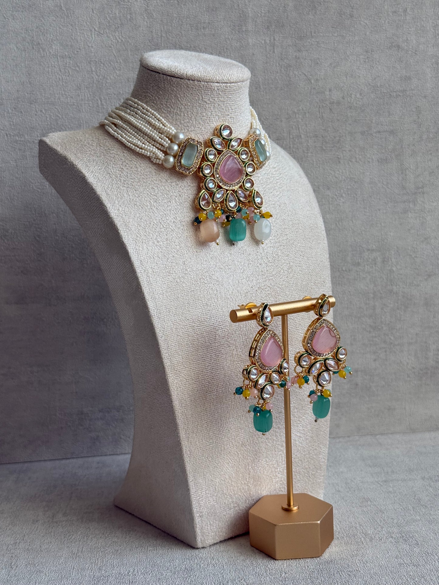 Ayura Designs Paheli Set with Earrings – Multicolour Stones, Kundan Detailing & Pearl Strands