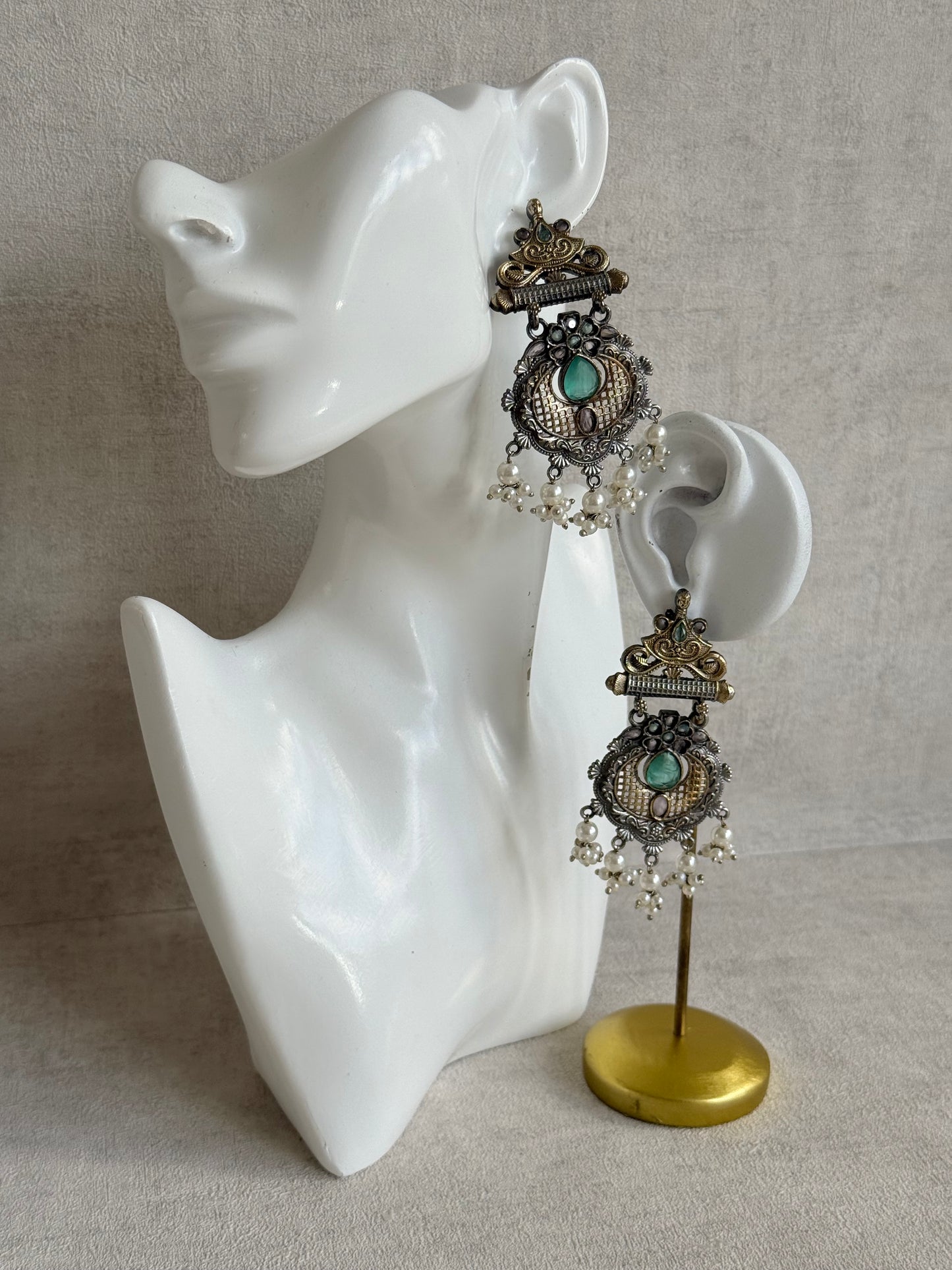 Ayura Designs Haya Earrings – Oxidised Statement Earrings with Aqua & Blush Stone Detailing