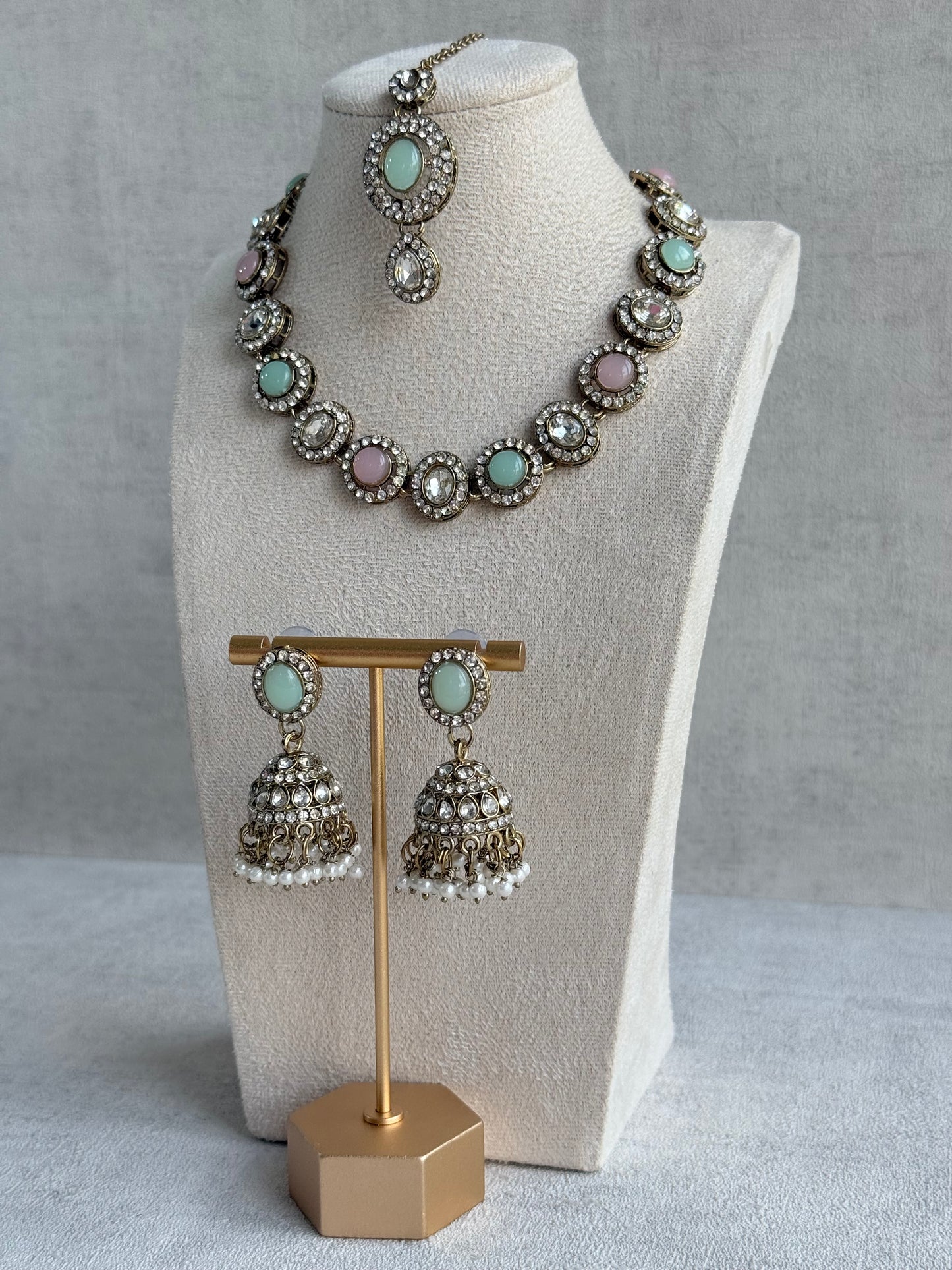 Ayura Designs Eira Necklace Set with Earrings & Tikka – Blush Pink, Mint Green & Crystal Stones with Antique Gold Finish