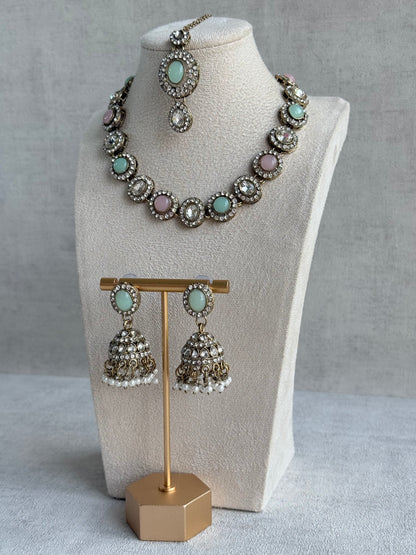 Ayura Designs Eira Necklace Set with Earrings & Tikka – Blush Pink, Mint Green & Crystal Stones with Antique Gold Finish