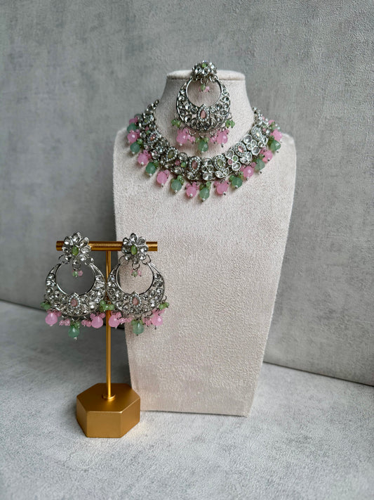 Ayura Designs Sara Set Earrings & Tikka - Exquisite Silver Adornments with Studded Polki Stones & Pink & Green Beads