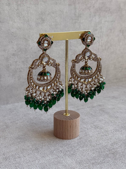 Ayura Designs Reha Earrings – Statement Chandbalis with Emerald Green Beads, Pearls & Mirror-Cut Stones