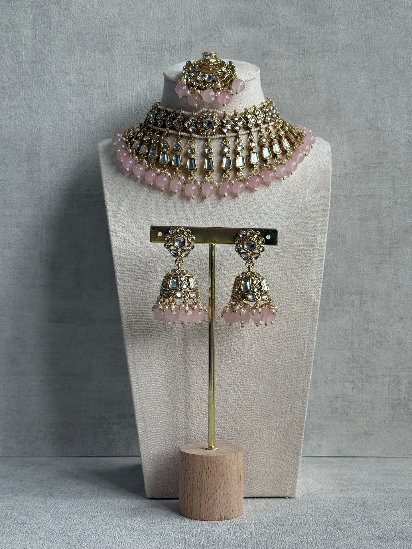 Ayura Designs Shaheen Set with Jhumkis & Tikka – Blush Pink Beads, Mirror Kundan & Gold Finish
