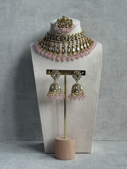 Ayura Designs Shaheen Set with Jhumkis & Tikka – Blush Pink Beads, Mirror Kundan & Gold Finish