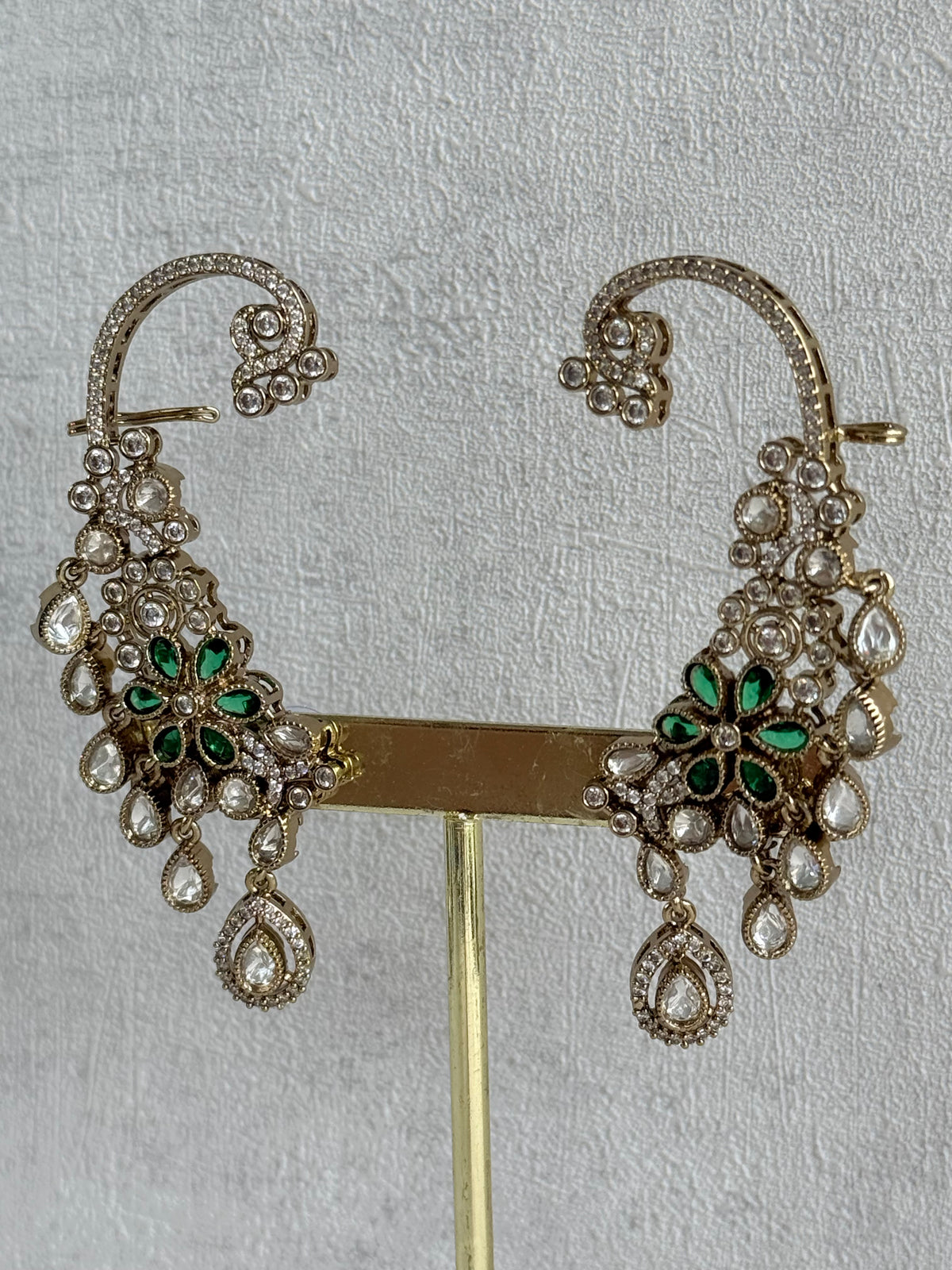 Ayura Designs Aksara Kaanphool Earrings – Emerald Green Stones, Kundan, Crystals & Antique Gold Finish