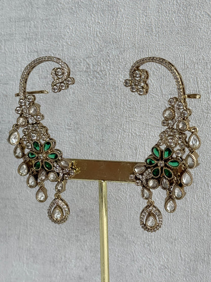 Ayura Designs Aksara Kaanphool Earrings – Emerald Green Stones, Kundan, Crystals & Antique Gold Finish