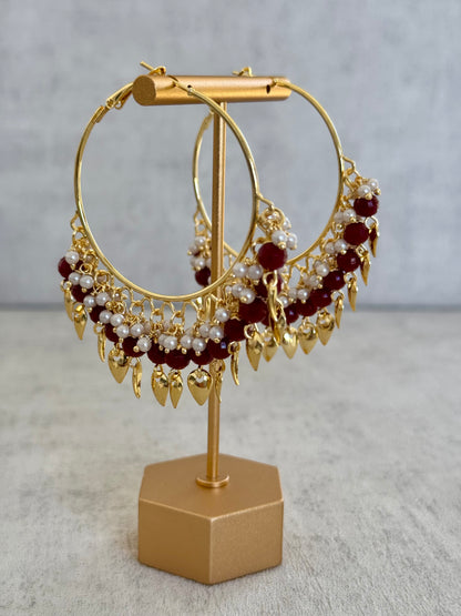 Ayura Designs Riwaaz Bali – Ruby Red Beaded Hoops with Gold Leaf Charms