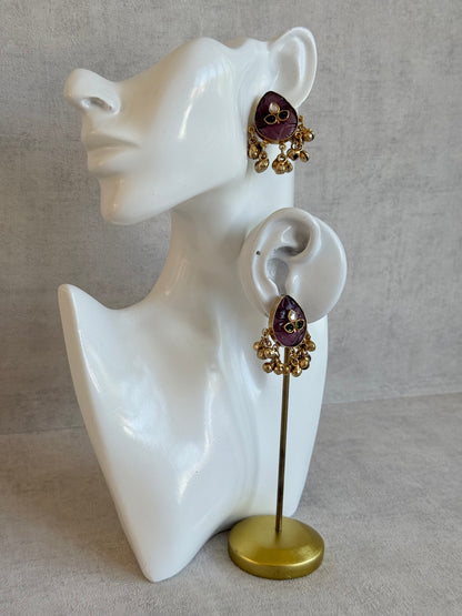 Ayura Designs Aykai Earrings – Plum Carved Teardrop Stud Earrings with Clear Kundan Stones and Gold Ghungroo Drops