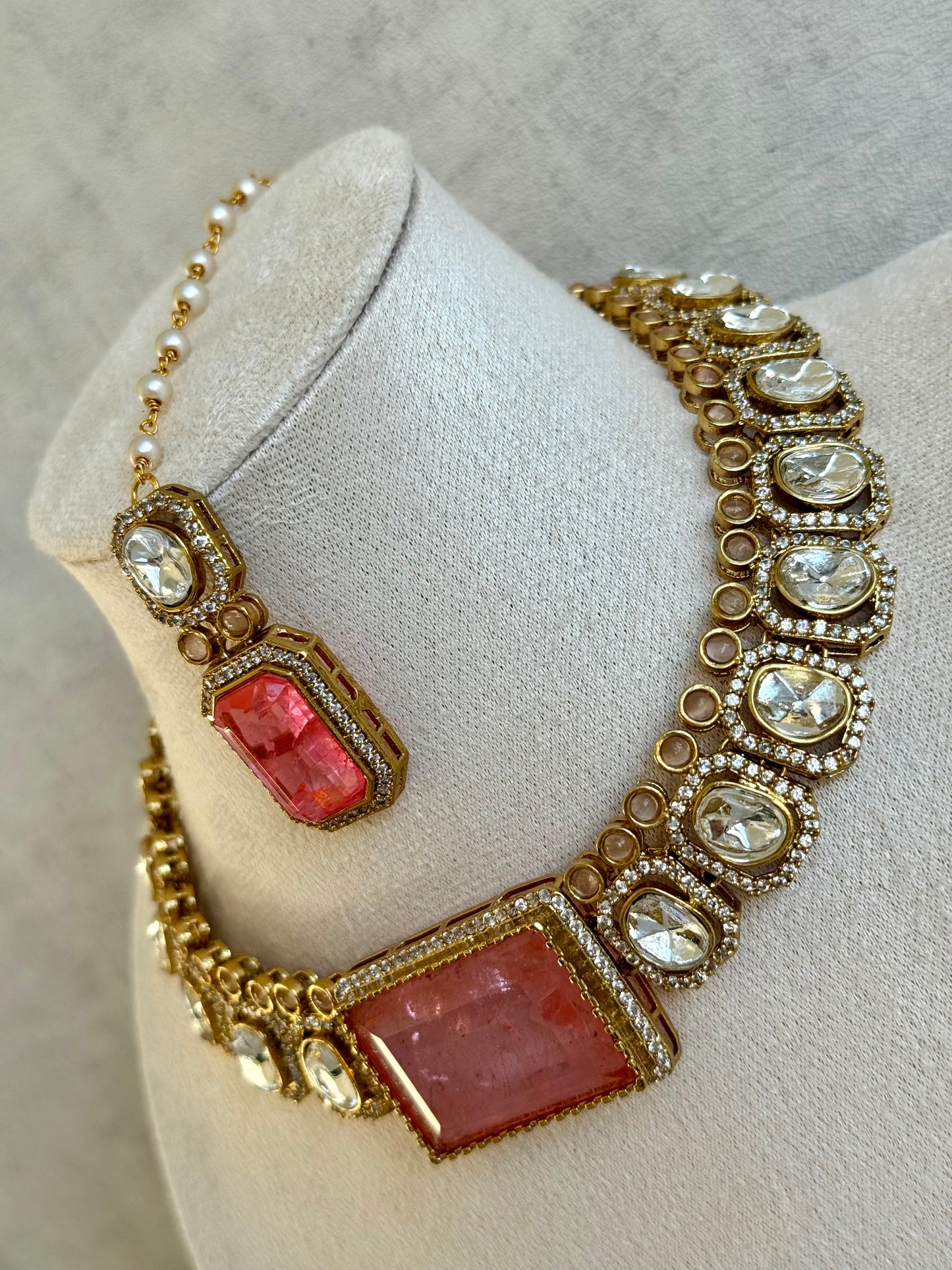 Ayura Designs Clara Set with Earrings and Tikka – Rose Quartz Pink Stones with Moissanite and Antique Gold Finish