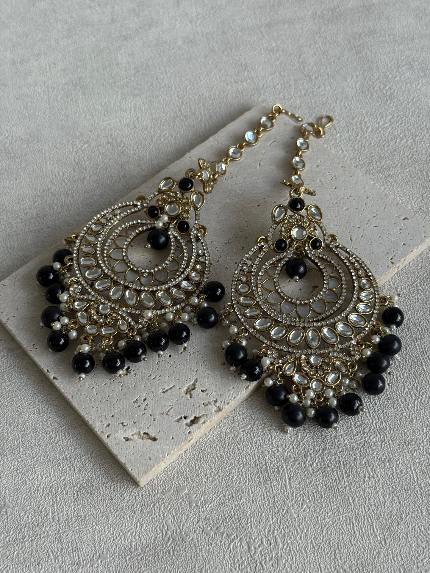 Ayura Designs Rabia Chandbalis – Antique Gold Kundan Earrings with Black Beads, Pearls & Attached Sahare