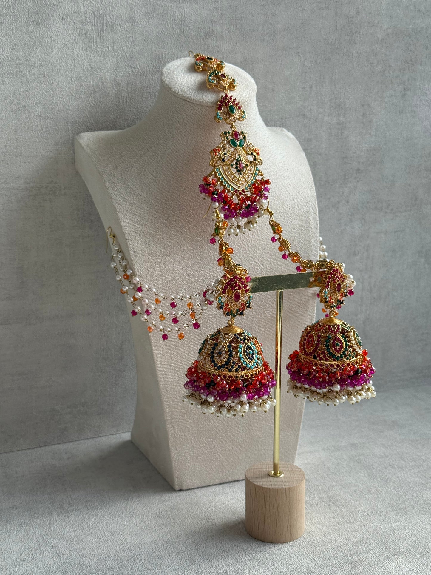 Ayura Designs Safia Tikka Set with Sahare Earrings – Multicolour (Orange, Pink & Ivory Beads)