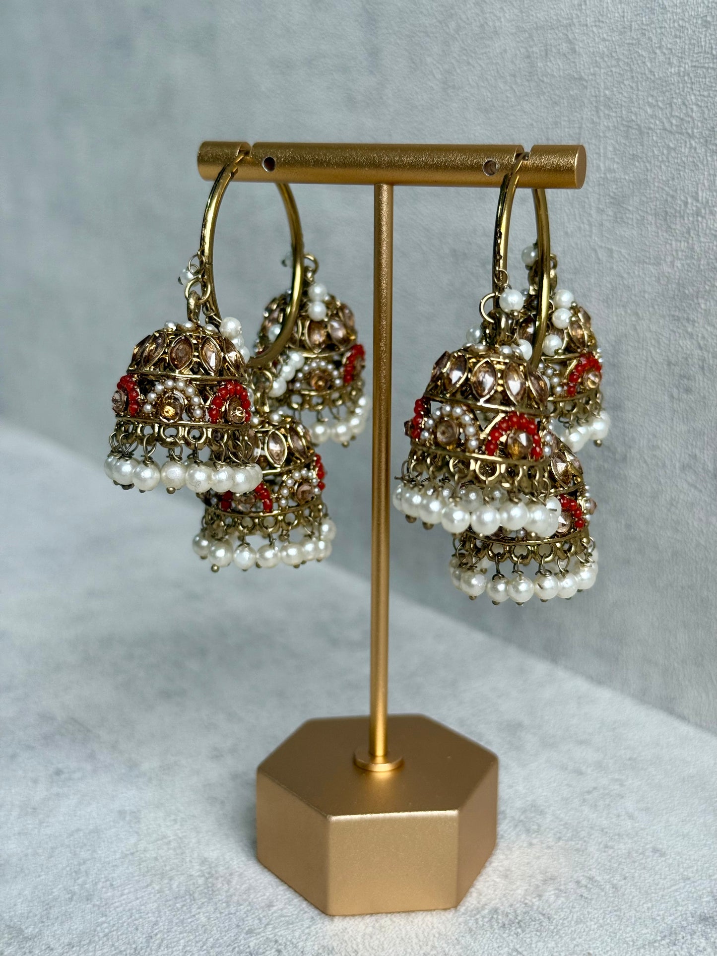 Ayura Designs Nakhra Balis – Orange Triple Dome Earrings with Mirror-Cut Stones & Pearl Detailing