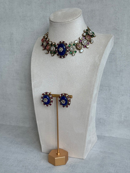 Ayura Designs Nova Necklace Set with Stud Earrings – Sapphire Blue Centre Stone, Kundan Detailing & Multicolour Gemstone Accents