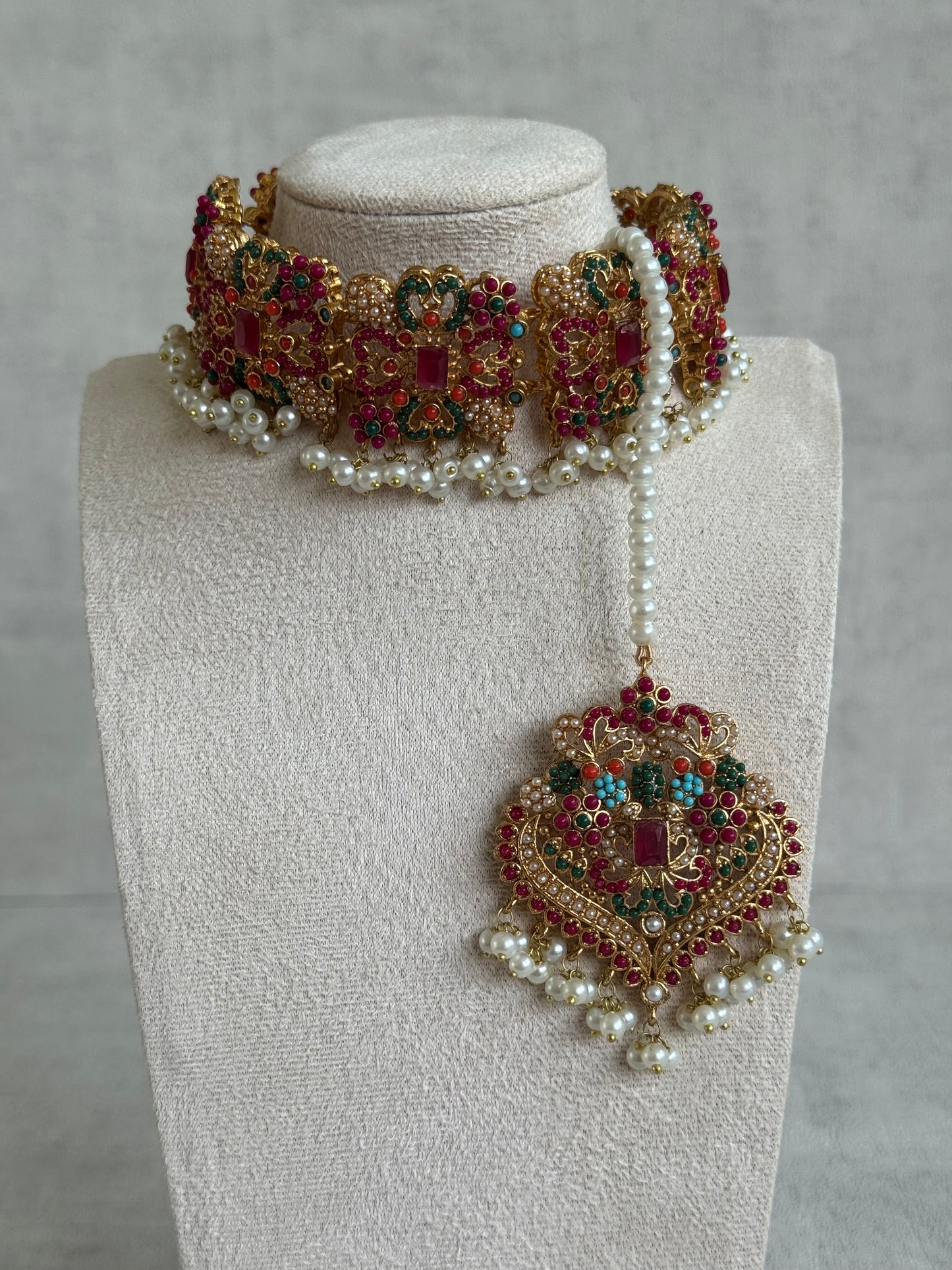Ayura Designs Mahnoor Navratan Choker Set with Earrings & Tikka – Antique Gold Finish, Multicolour Enamel & Pearl Detailing