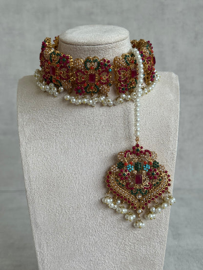 Ayura Designs Mahnoor Navratan Choker Set with Earrings & Tikka – Antique Gold Finish, Multicolour Enamel & Pearl Detailing