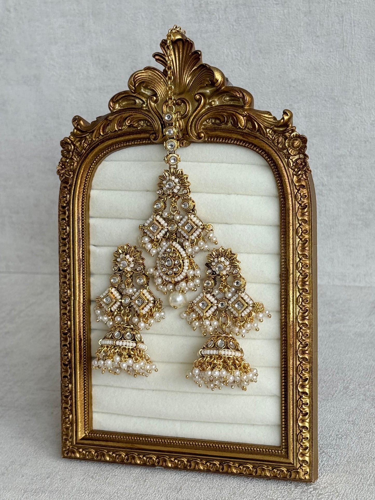 Ayura Designs Ania Tikka Set with Jhumkis – Pearl, Kundan & Gold Detailing