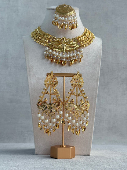 Ayura Designs Jasira Necklace Set with Earrings & Tikka – Pippal Patti Design with Swan & Peacock Motifs, Ivory Pearls & Gold Finish