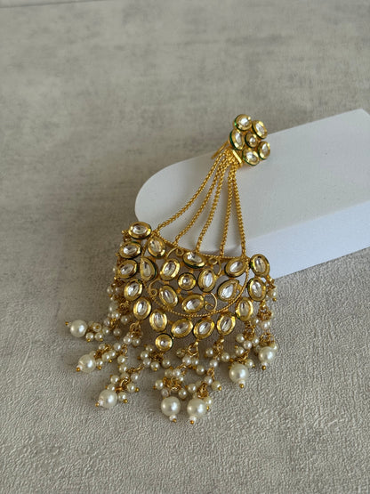 Ayura Designs Sophia Passa Jhoomar – Antique Gold with Kundan Stones & Pearl Clusters