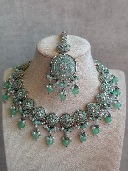 Ayura Designs Nomal Set with Earrings & Tikka – Aqua Blue Beads, Pearl Detailing & Silver Finish