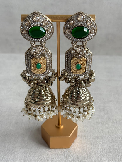 Ayura Designs Maara Jhumkis – Champagne Gold with Emerald Green Stones, Crystals, Ghungroos & Pearl Detailing