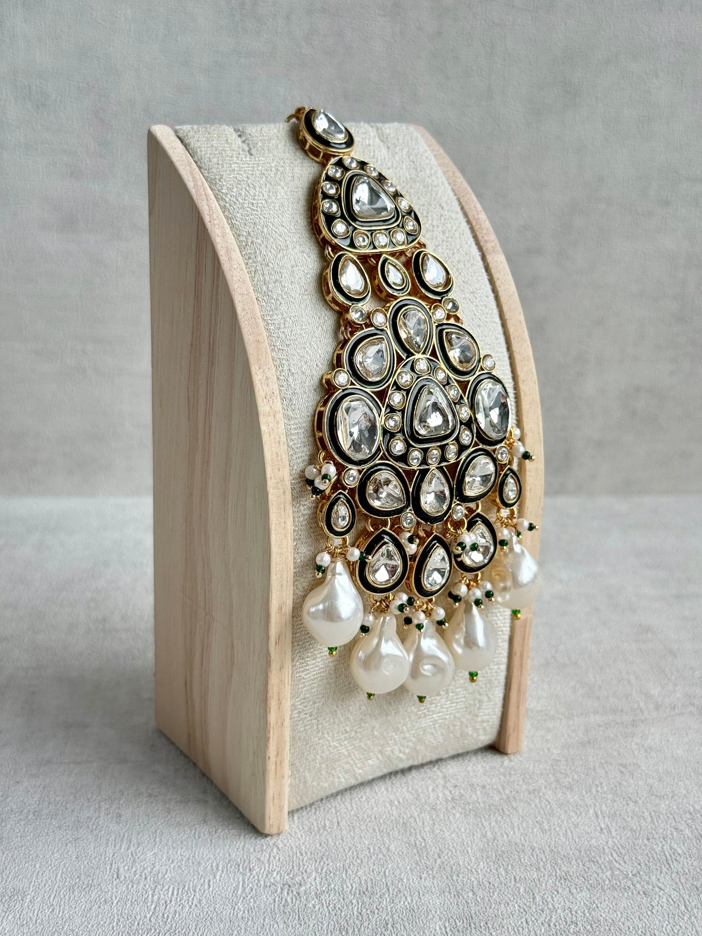 Ayura Designs Salma Jhoomar Passa – Kundan Teardrop Stones with Baroque Pearl Drops & Antique Gold Finish