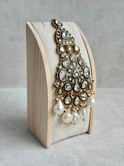 Ayura Designs Salma Jhoomar Passa – Kundan Teardrop Stones with Baroque Pearl Drops & Antique Gold Finish