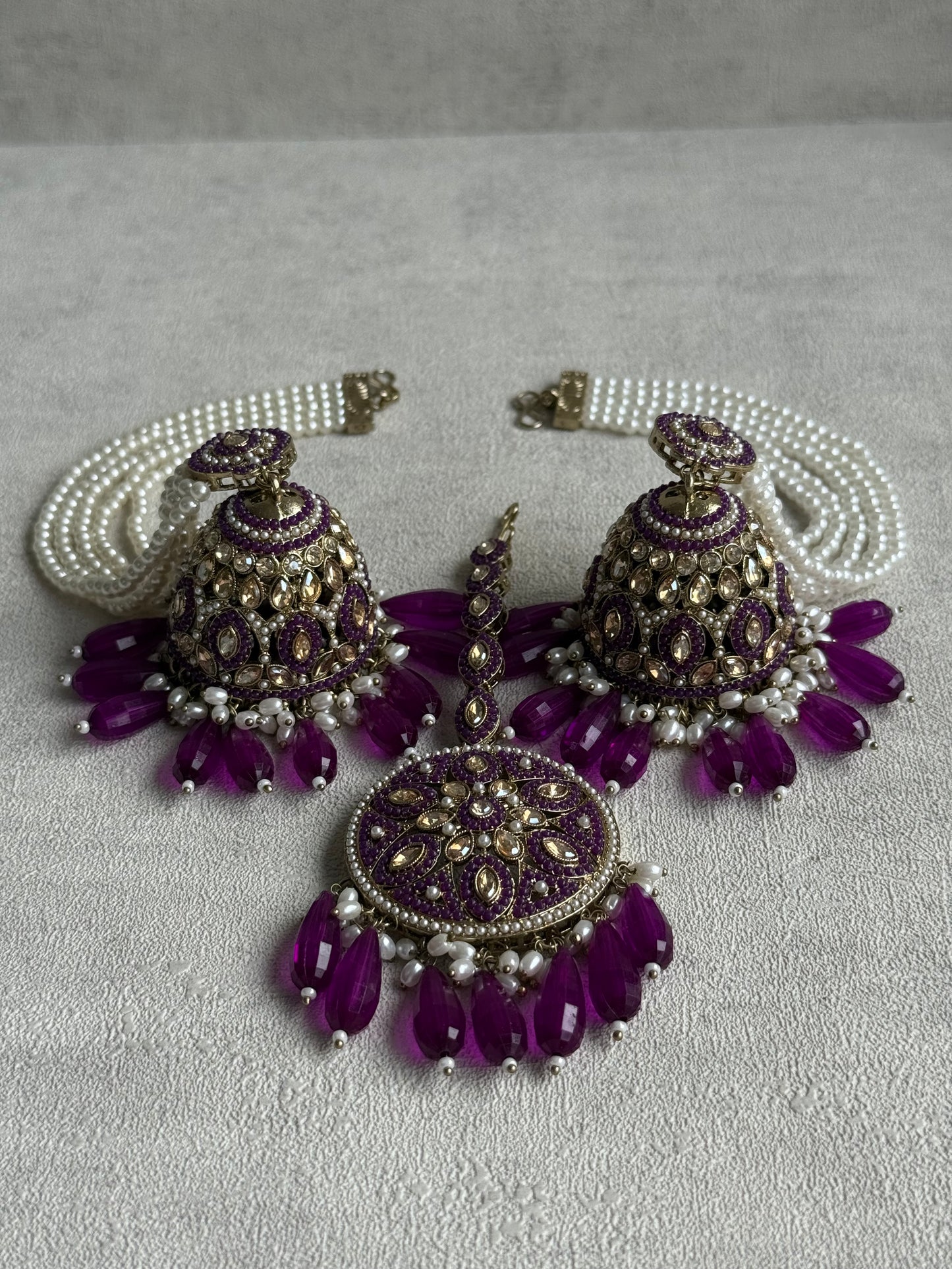 Ayura Designs Amrita Set – Jhumkis with Sahare & Tikka in Berry Purple, Pearls and Antique Gold Finish