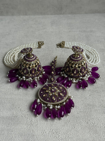 Ayura Designs Amrita Set – Jhumkis with Sahare & Tikka in Berry Purple, Pearls and Antique Gold Finish