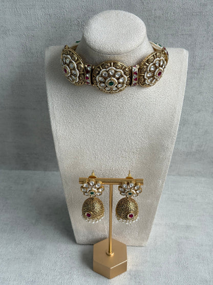 Ayura Designs Tanu Choker Set – Antique Gold Choker & Jhumkis with Ruby & Emerald Kundan and Pearl Borders