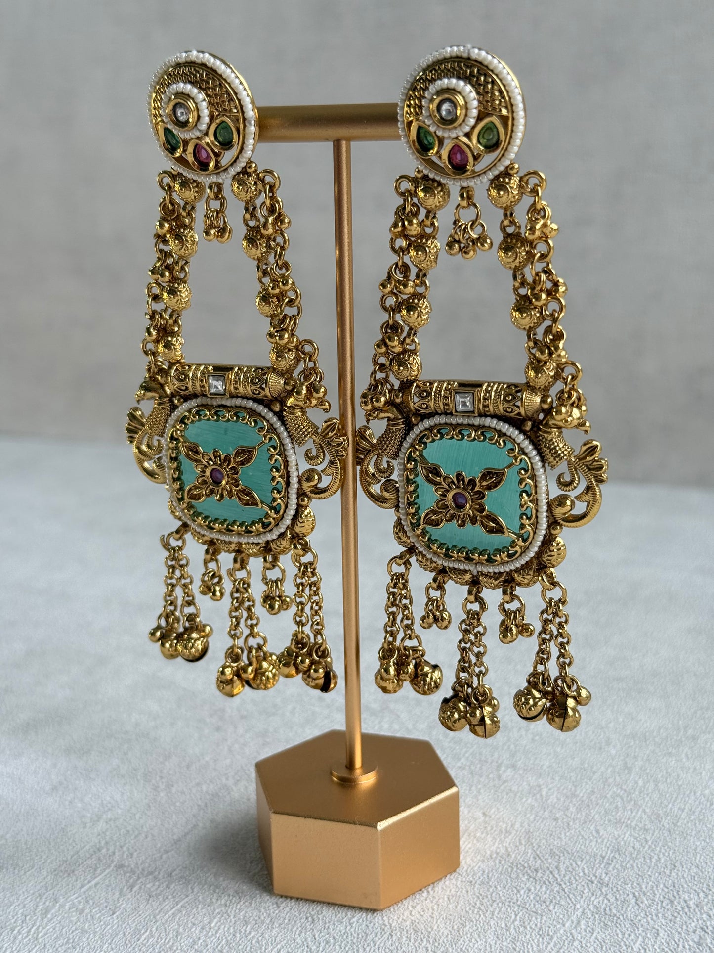 Ayura Designs Hazar Earrings – Gold Peacock Design with Mint Green Enamel, Multicoloured Stones, Pearl Beading & Ghungroo Detailing