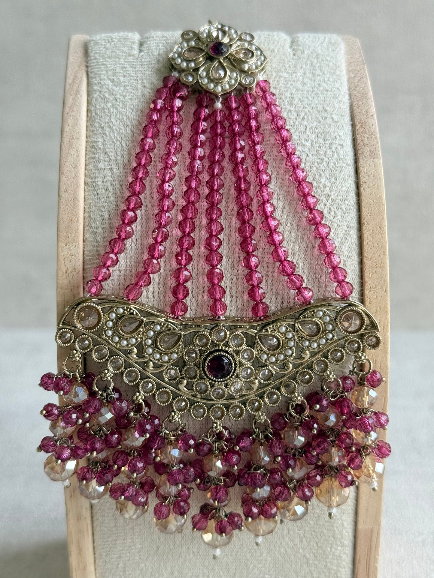 Ayura Designs Dilnaz Necklace Set with Earrings, Tikka & Passa – Berry Pink & Champagne Crystal Beads & Antique Gold Finish