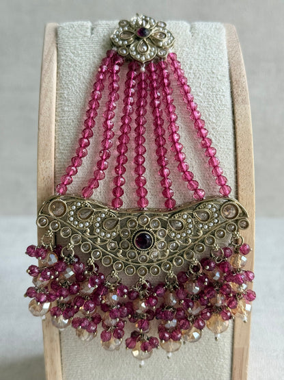 Ayura Designs Dilnaz Necklace Set with Earrings, Tikka & Passa – Berry Pink & Champagne Crystal Beads & Antique Gold Finish