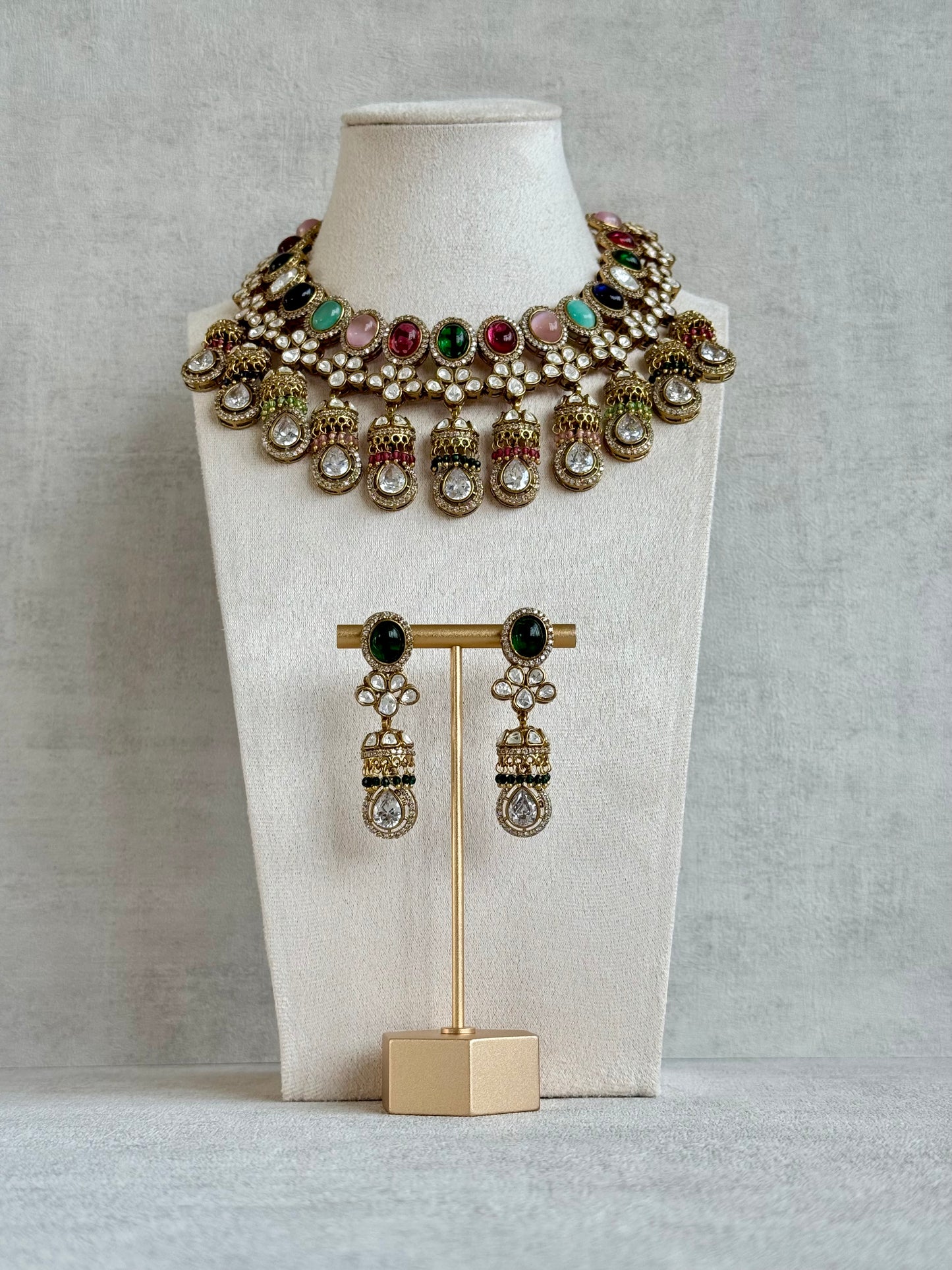 Ayura Designs Imara Set with Necklace & Jhumkis – Multicolour Stones with Kundan Detailing & Crystal Drop
