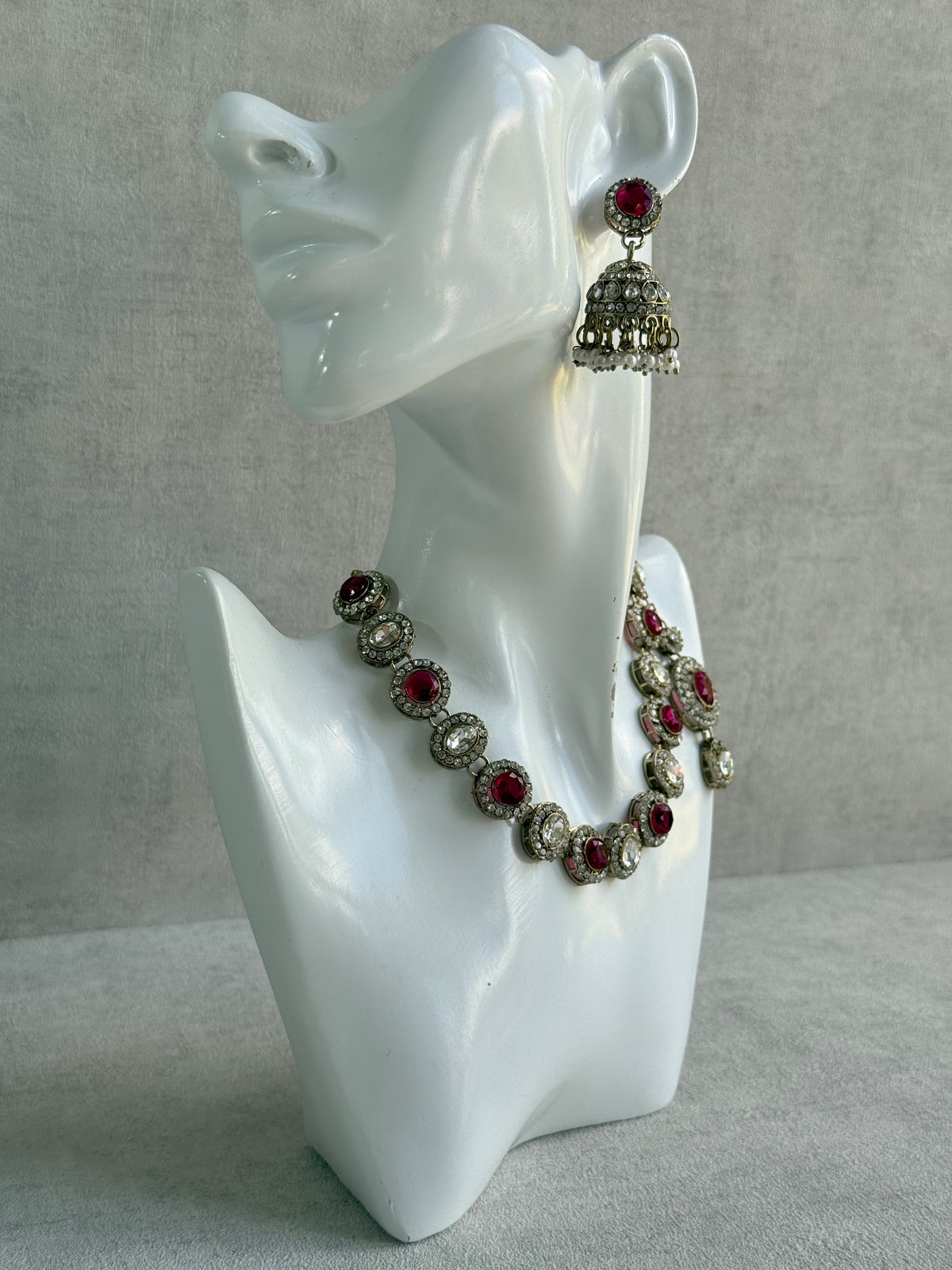 Ayura Designs Eira Necklace Set with Earrings & Tikka – Rani Pink & Crystal Stones with Antique Gold Finish