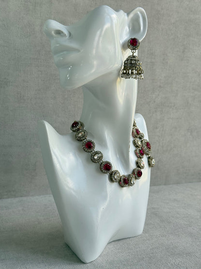 Ayura Designs Eira Necklace Set with Earrings & Tikka – Rani Pink & Crystal Stones with Antique Gold Finish