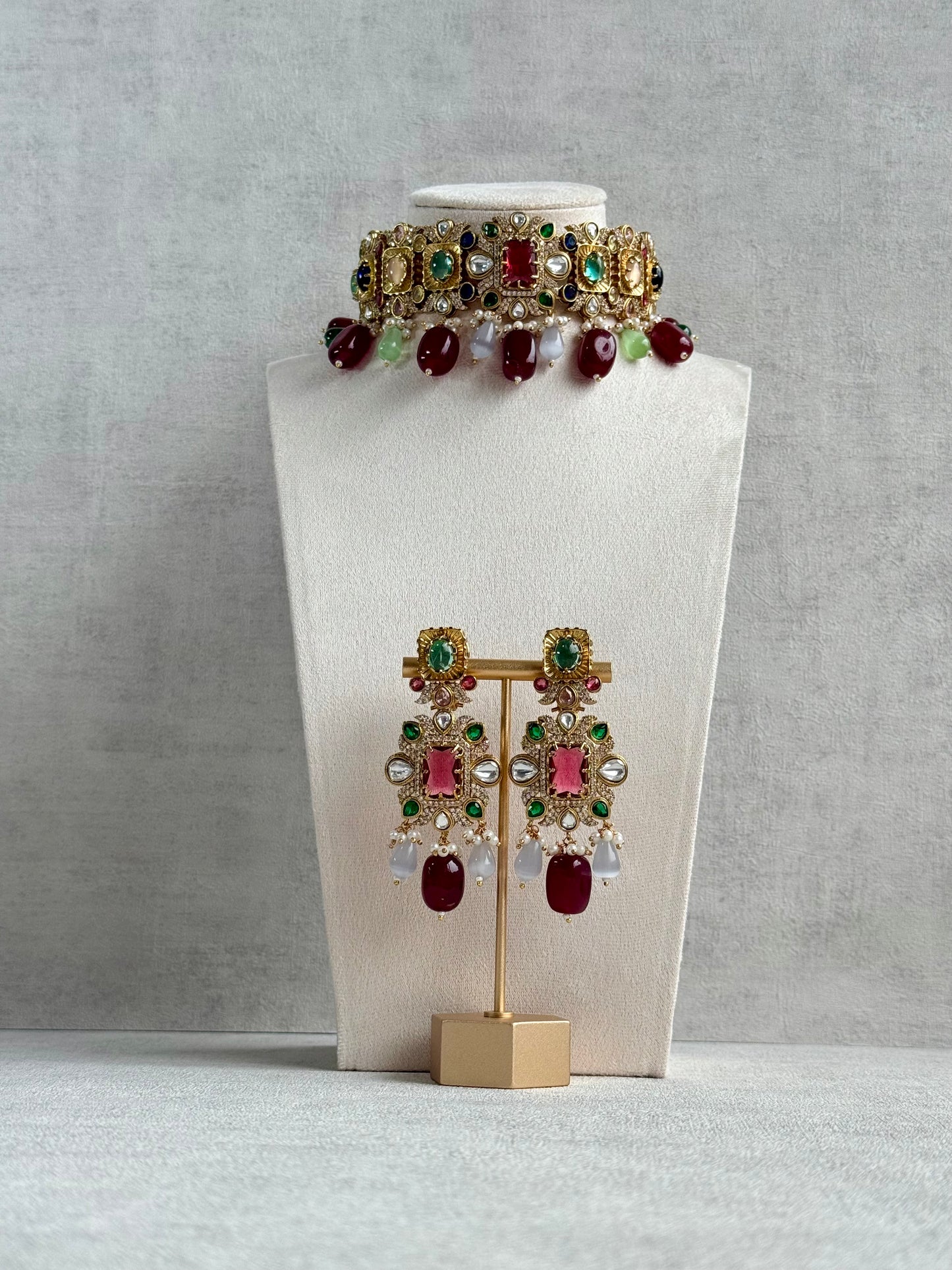 Ayura Designs Hazel Choker Set with Earrings – Multicolour Crystals & Ruby Drop Beads