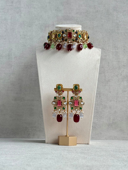 Ayura Designs Hazel Choker Set with Earrings – Multicolour Crystals & Ruby Drop Beads