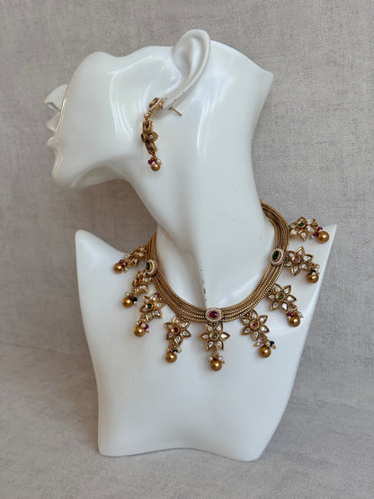 Ayura Designs Daksha Necklace Set with Earrings – Gold Layered Chain Necklace with Ruby Pink & Emerald Green Kundan Floral Motifs